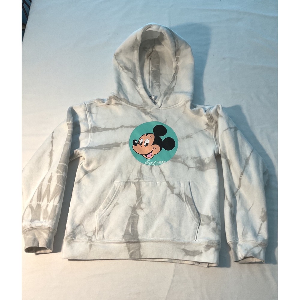 Disney Mickey Mouse Tie Dye Hoodie Kids Medium Grey White Graphic Sweatshirt